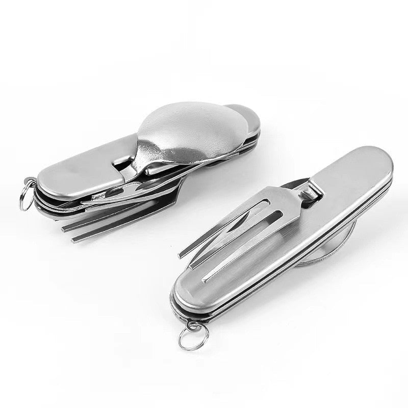 Handige compacte roestvrijstalen 4-in-1 bestekset, perfect voor outdoor kookgerei en reizen.