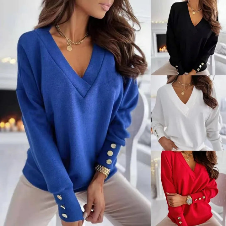 Comfortabele dames trui van zachte katoen mix. Stijlvolle V-hals voor casual en elegante winterlooks.