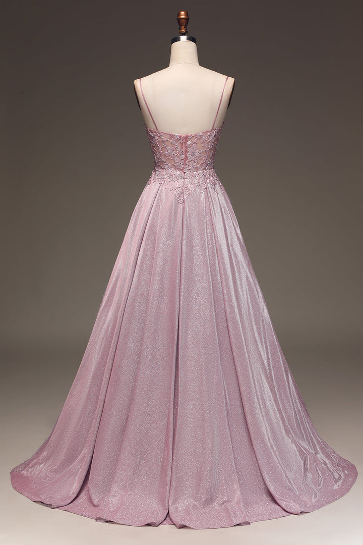 Blush roze glinsterende A-lijn baljurk voor dames, met elegante V-hals en dunne bandjes. Perfecte feestjurk.