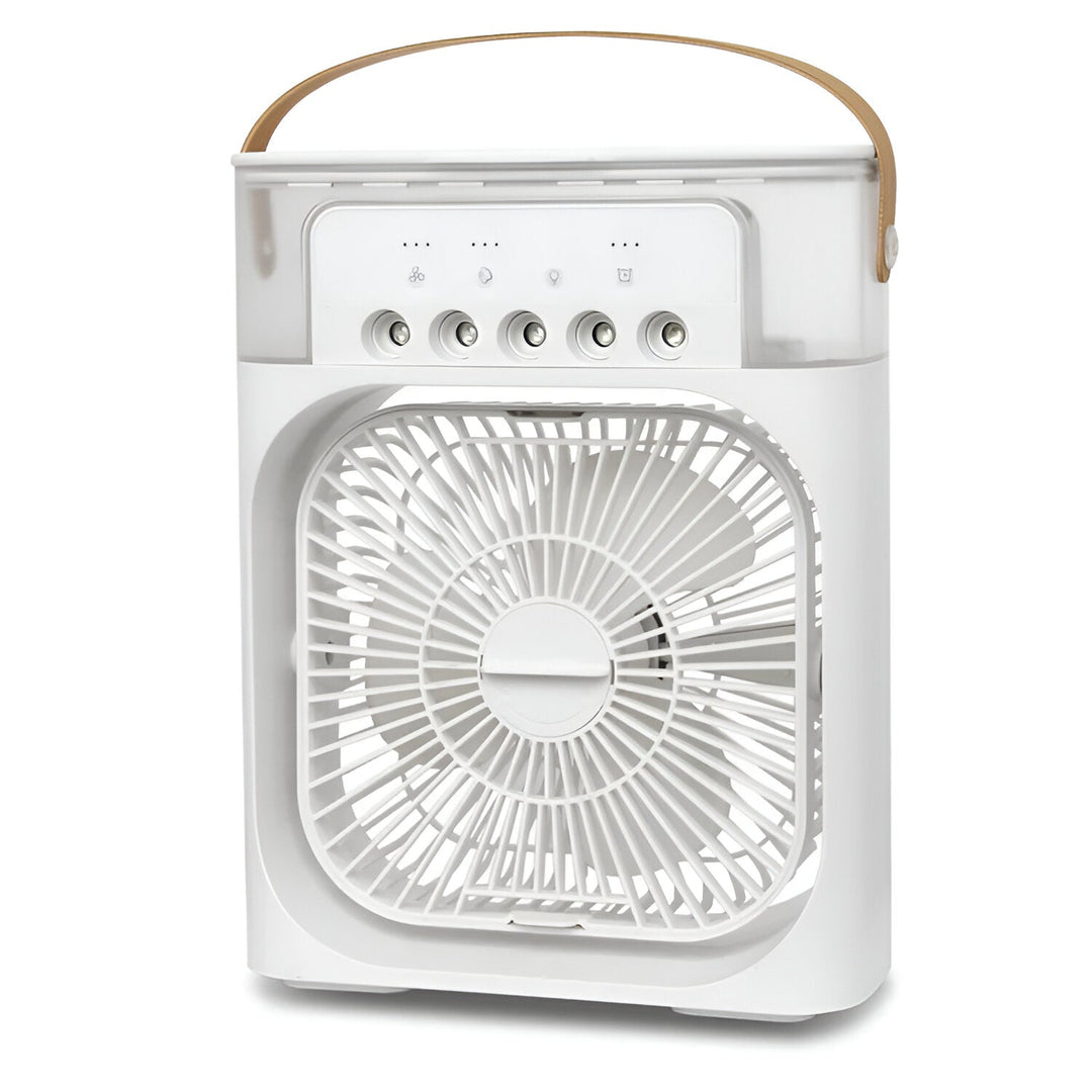 Draagbare 3-in-1 airco met LED-licht voor koeling, bevochtiging en luchtreiniging in huis.