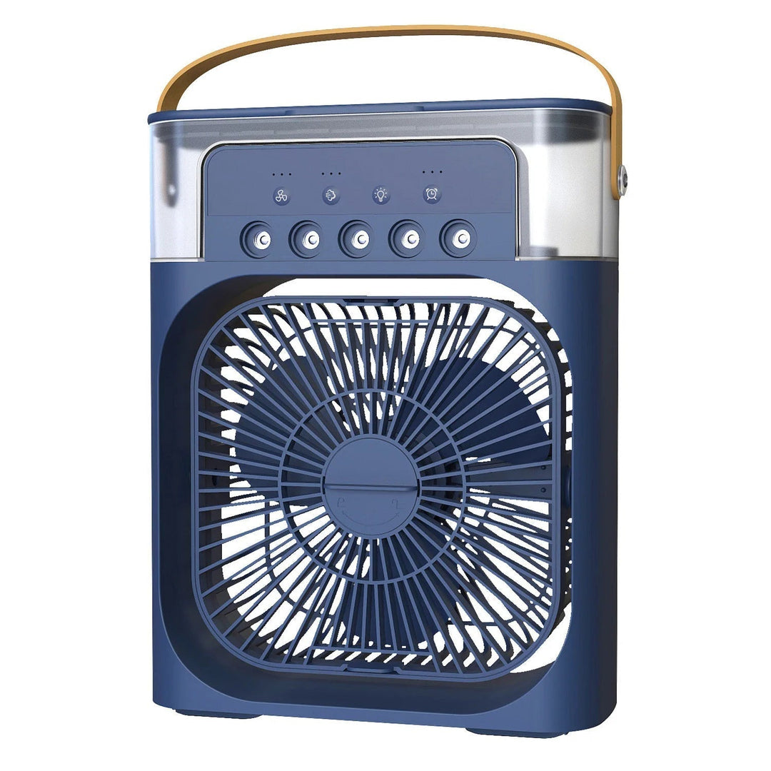 Witte draagbare luchtkoeler met blauw LED-licht, filters en watertank voor frisheid.