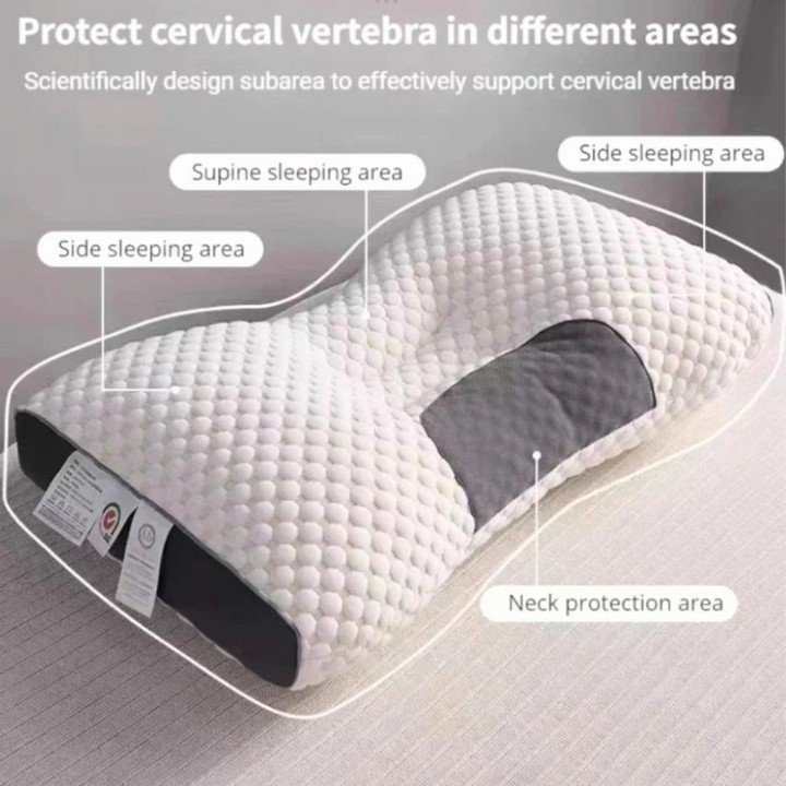Gedetailleerd orthopedisch traagschuim hoofdkussen, ontworpen voor optimale ondersteuning van nek en rug bij het slapen.