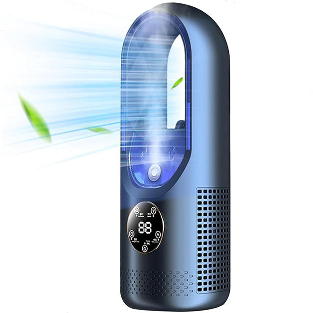 Witte USB draagbare airco, bladeloos en stil, biedt comfortabele klimaatregeling op kantoor.