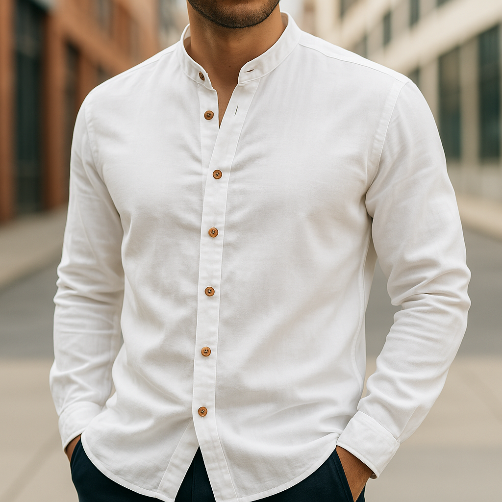 Lichtgrijs heren overhemd met lange mouwen, comfortabel en stijlvol. Perfect voor een moderne, casual zomeroutfit.
