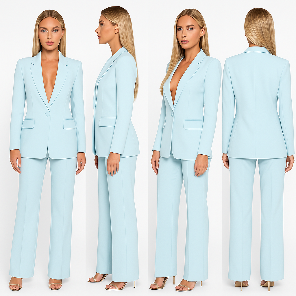 Zakelijke dameskleding: elegante blazer broek set, een complete en modieuze outfit.