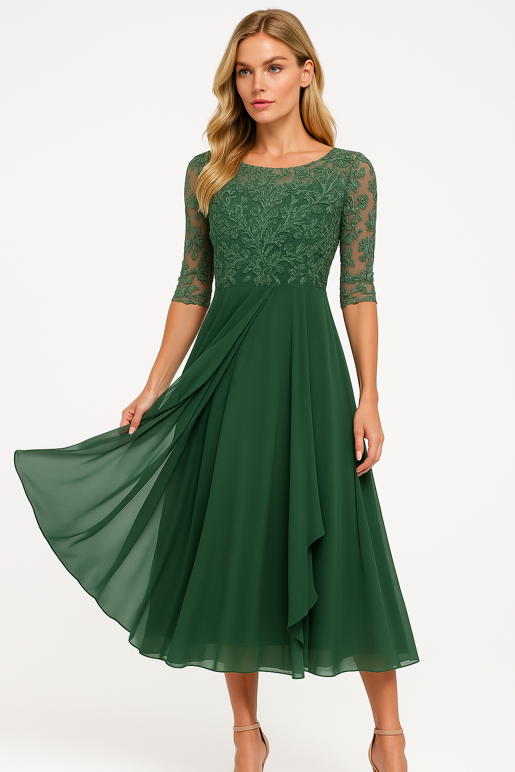 Formele maxi dames feestjurk met halflange mouwen, in smaragdgroen polyester. Ideaal voor elegante avondjes uit.