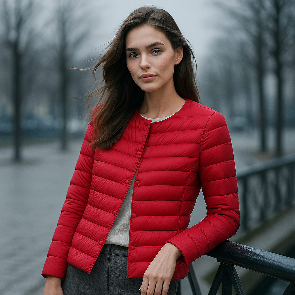 Vrouw draagt elegant gewatteerd damesjack, ideaal voor dagelijkse mode en veelzijdige looks.
