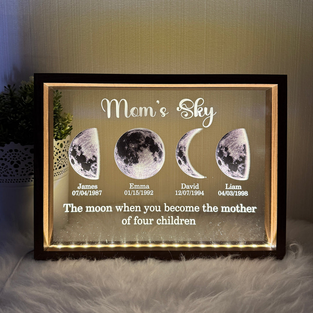 Gepersonaliseerde maanfase kunstprint met frame, uniek moederdag cadeau voor moeder met haar speciale maanfase.