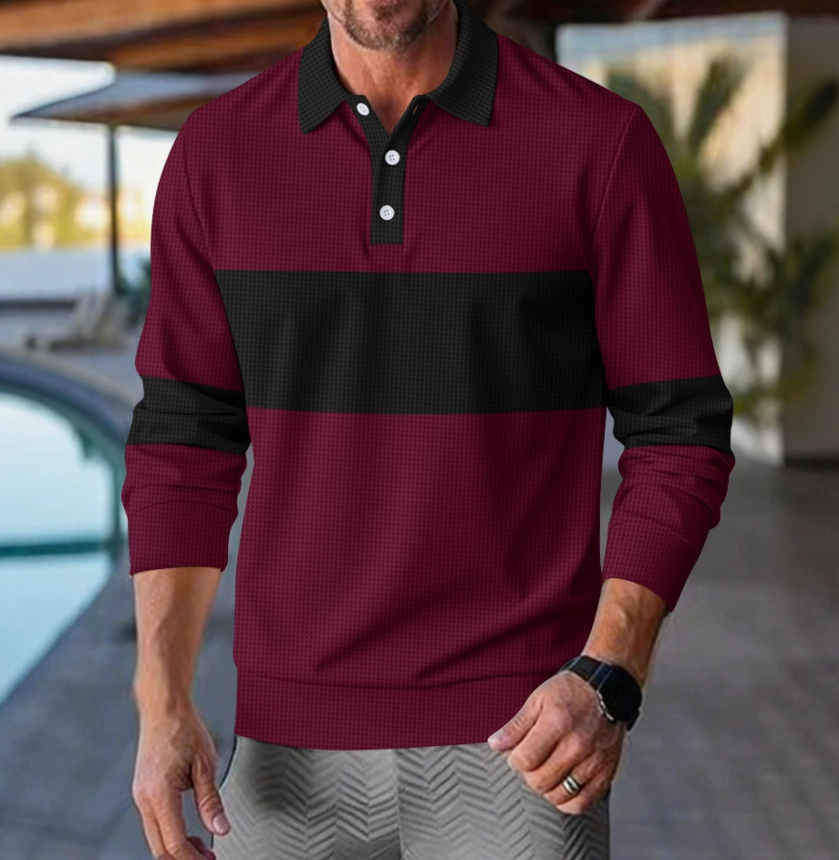 Comfortabele heren polo sweater met lange mouwen, gestreept design. Geschikt als stijlvolle casual outfit voor lente of herfst.
