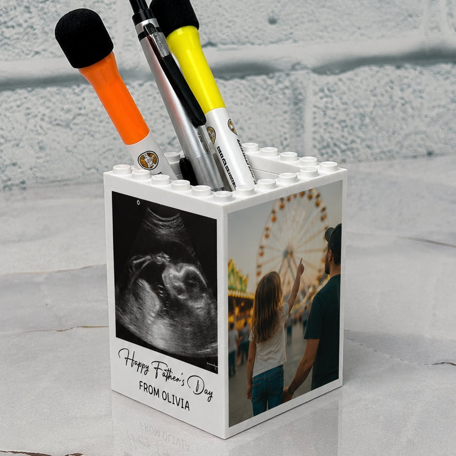 Unieke fotobouwsteen als Vaderdag cadeau met persoonlijke foto. Een blijvende herinnering voor papa.