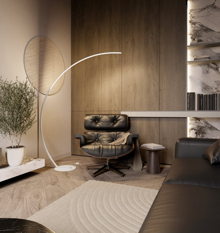 Detailopname van de slanke LED booglamp, met focus op de duurzame en heldere lichtbron.