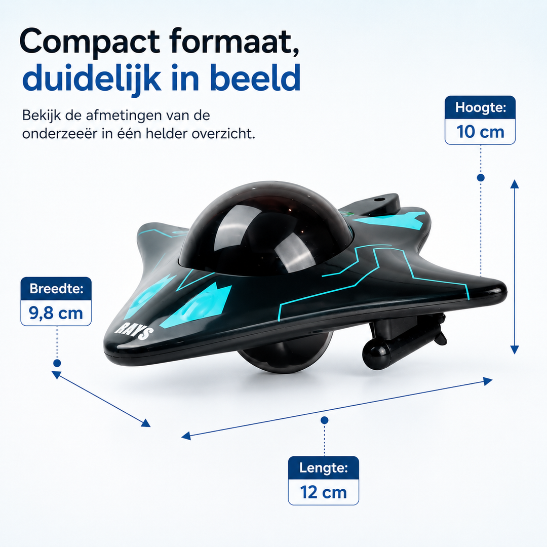 Gestroomlijnde RC onderzeeër met onderwatercamera, duiklichten en propeller voor stabiele verkenning.