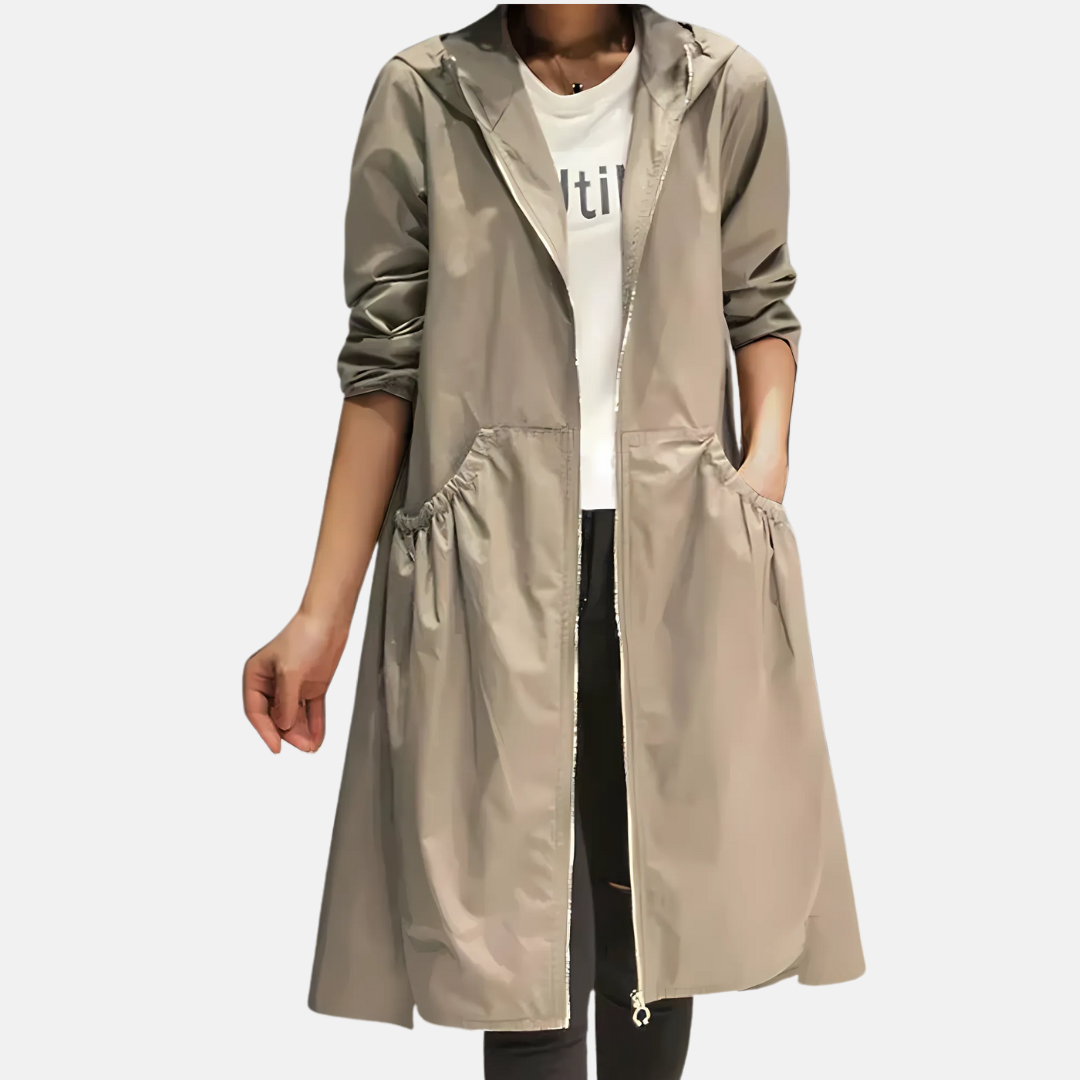 Elegante waterdichte dames regenjas met capuchon, knielang, ideaal voor lente en herfst.