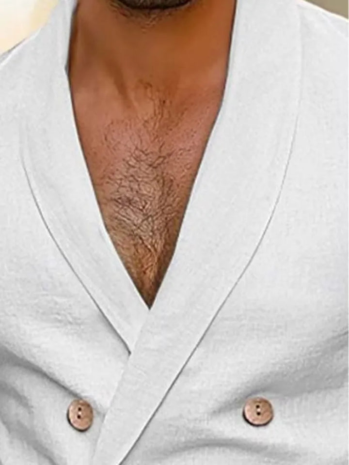 Elegante double-breasted linnen herenblazer in slim fit, voorzien van authentieke houten knopen, perfect voor de lente.