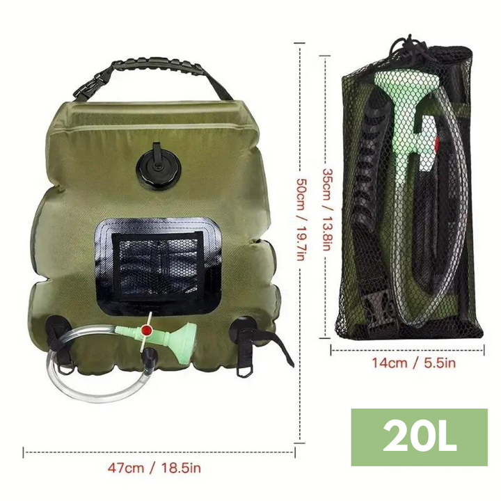 Warme water buitendouche, 20L capaciteit, essentieel voor kampeerders en outdoor liefhebbers.