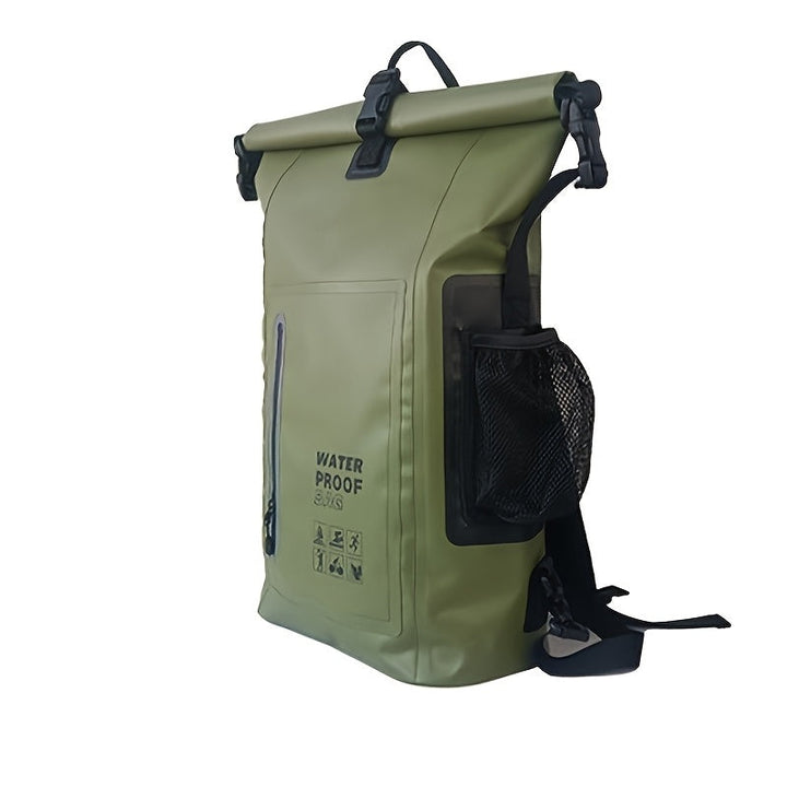 Waterdichte 25L roll-top rugzak, ideaal voor kajakken, surfen of watersporten.