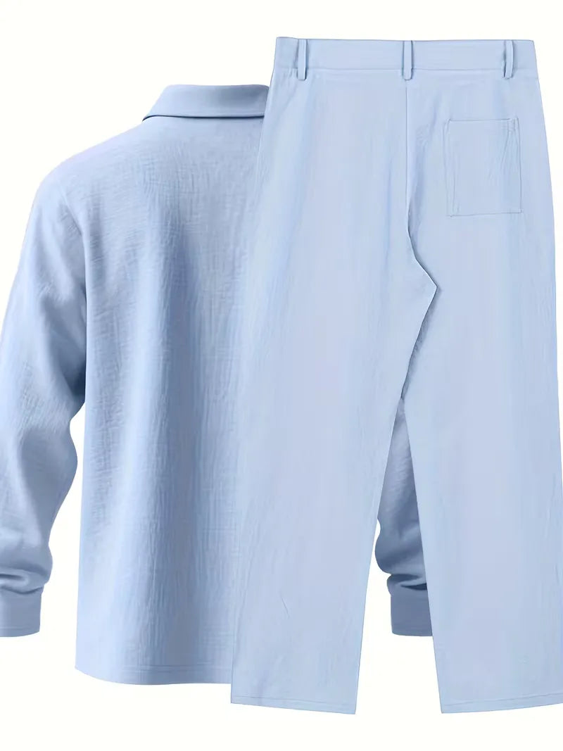 Vakantieklare heren linnen set: mandarijnkraag overhemd en broek, perfect voor ontspanning.