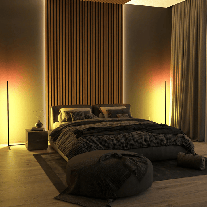 Dimbare LED vloerlamp met afstandsbediening, multi-kleur RGB, sfeervolle lichteffecten voor interieur.
