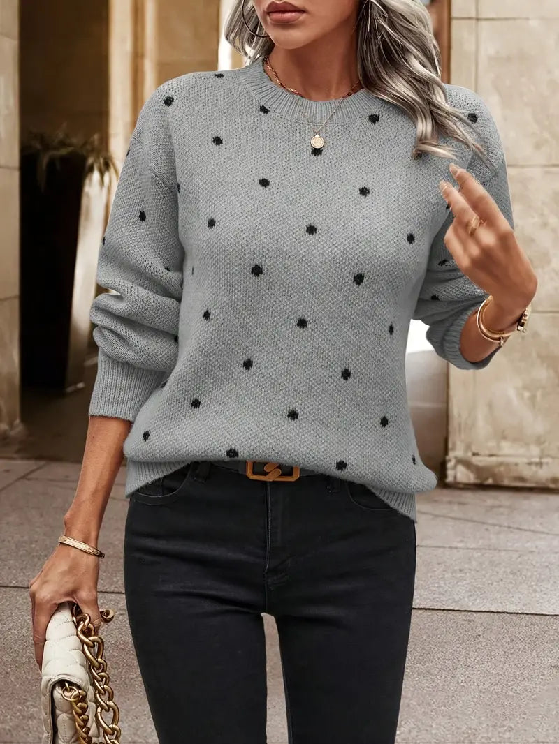 Kaki dames polkadot trui, lange mouwen, perfect voor een stijlvolle en comfortabele look.
