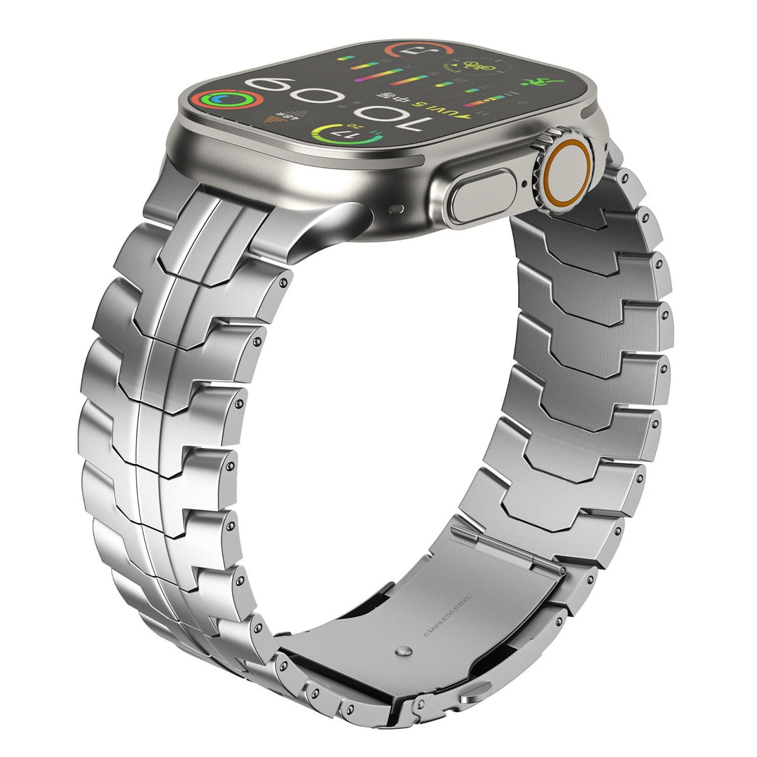 Moderne titanium horlogeband, geeft jouw smartwatch een luxe uitstraling en is bovendien zeer robuust.
