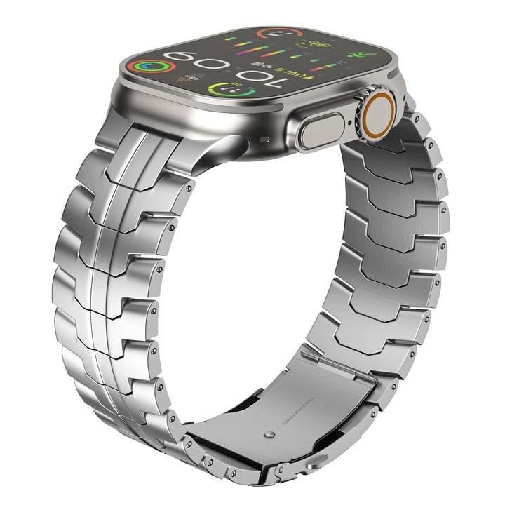 Moderne titanium horlogeband, geeft jouw smartwatch een luxe uitstraling en is bovendien zeer robuust.