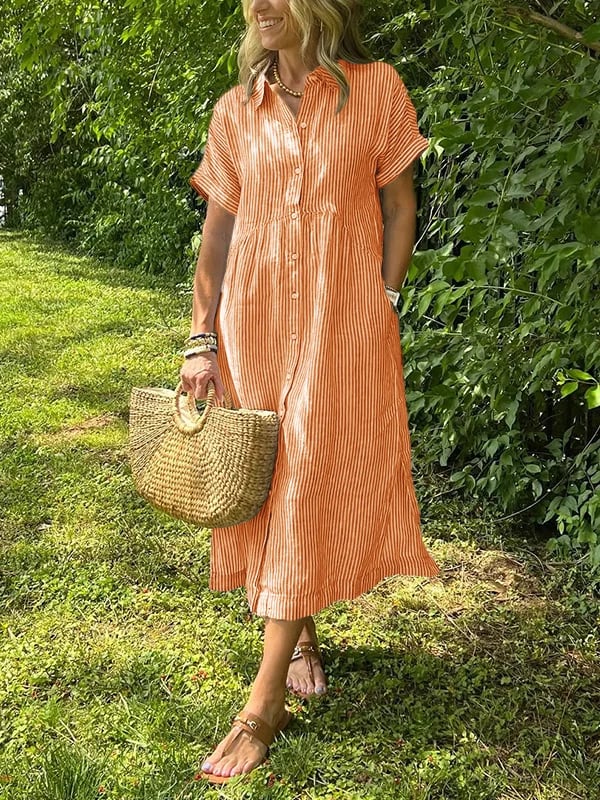 Luchtige dames gestreepte blousejurk in beweging, perfect voor zomerse dagen met casual elegantie.