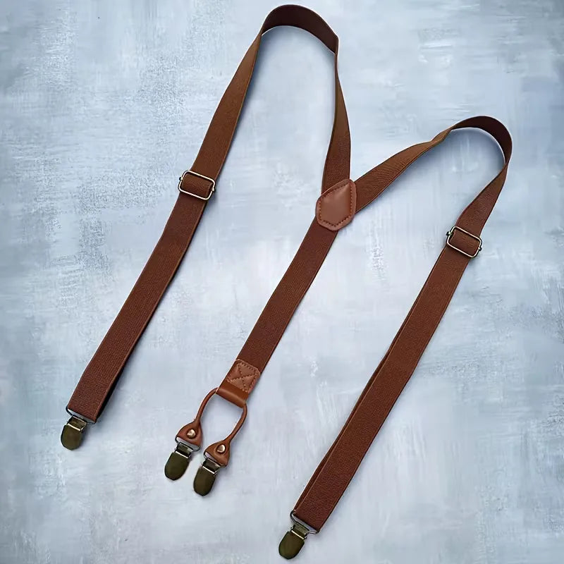 Comfortabele elastische heren bretels (Y-rug) met hoogwaardige leren accenten en duurzame metalen bevestigingen.
