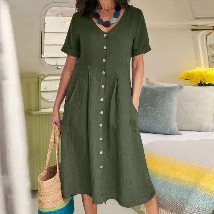 Ademende damesjurk van katoen-linnen, super comfortabel en luchtig voor de zomer.