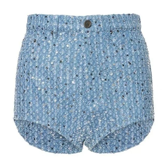 Spijkerjack met pailletten en bijpassende denim shorts voor dames, een comfortabele en trendy set.