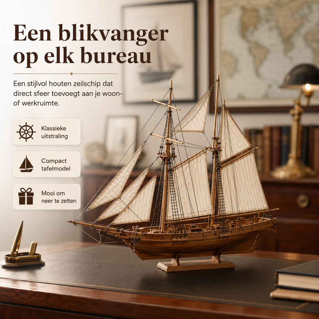 Afgewerkt klassiek houten zeilschip model. Elegante maritieme decoratie, perfect voor schepenliefhebbers.