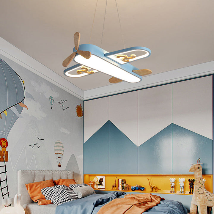 Acryl vliegtuig hanglamp SkyFlyer. Speelse LED kinderkamerlamp in blauw en geel.