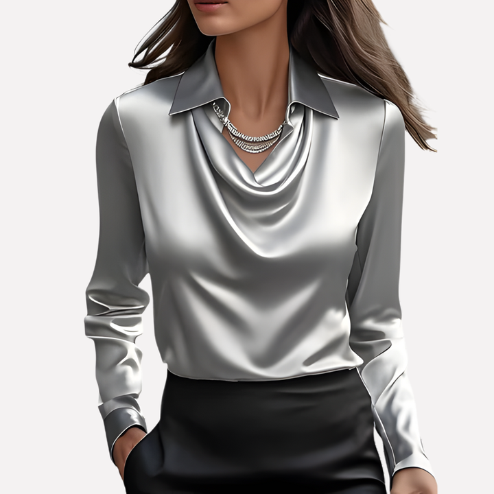 Dameskleding: blouse met gedrapeerde kraag, lange mouwen, effen kleur. Tijdloos en elegant voor elke gelegenheid.