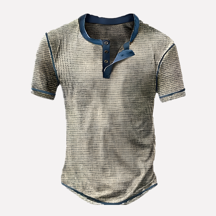 Zomerse heren top, wafel breisel, losse pasvorm, ronde hals, perfecte casual look.