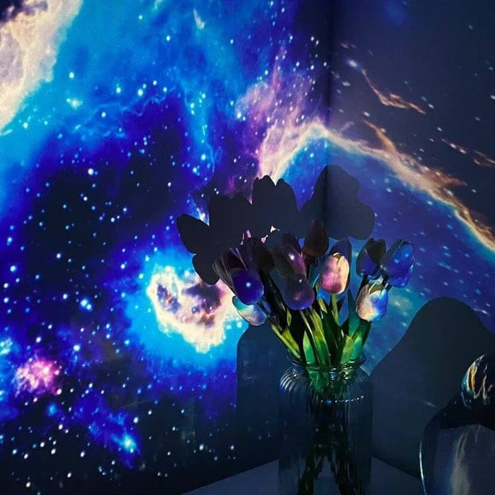 Magische lichtprojector met levendige galaxy en sterren, perfect voor sfeervolle verlichting en een unieke interieurbeleving.