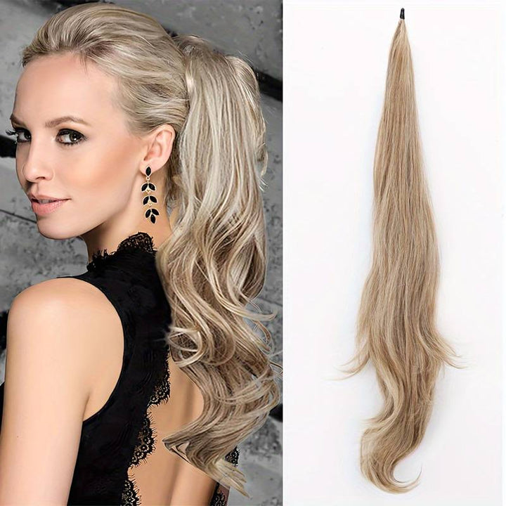 Lange blonde wrap-around paardenstaart 'Selena' kunsthaar, creëert direct volume en een elegante haarstijl.
