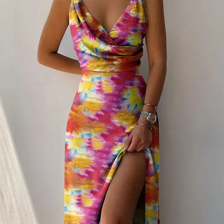 Diverse kleuren V-hals zomerjurk, split & verstelbare spaghettibandjes. Modieus en comfortabel.