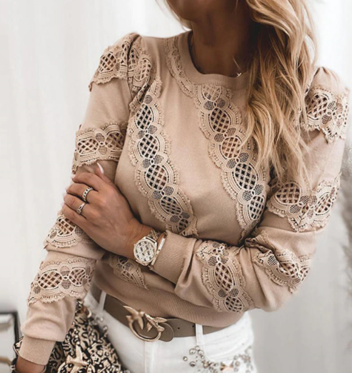 Elegante dames pullover met o-hals, lange mouwen en verfijnd kant voor een chique uitstraling.