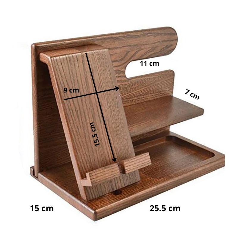 Moderne houten telefoonhouder en bureau organizer, essentieel voor nette opslag van alledaagse gadgets en kantooritems.