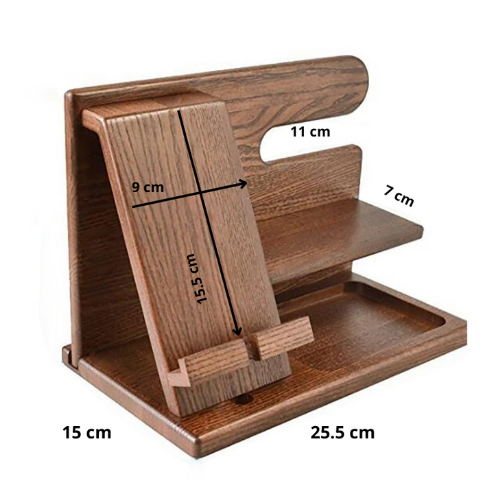 Moderne houten telefoonhouder en bureau organizer, essentieel voor nette opslag van alledaagse gadgets en kantooritems.