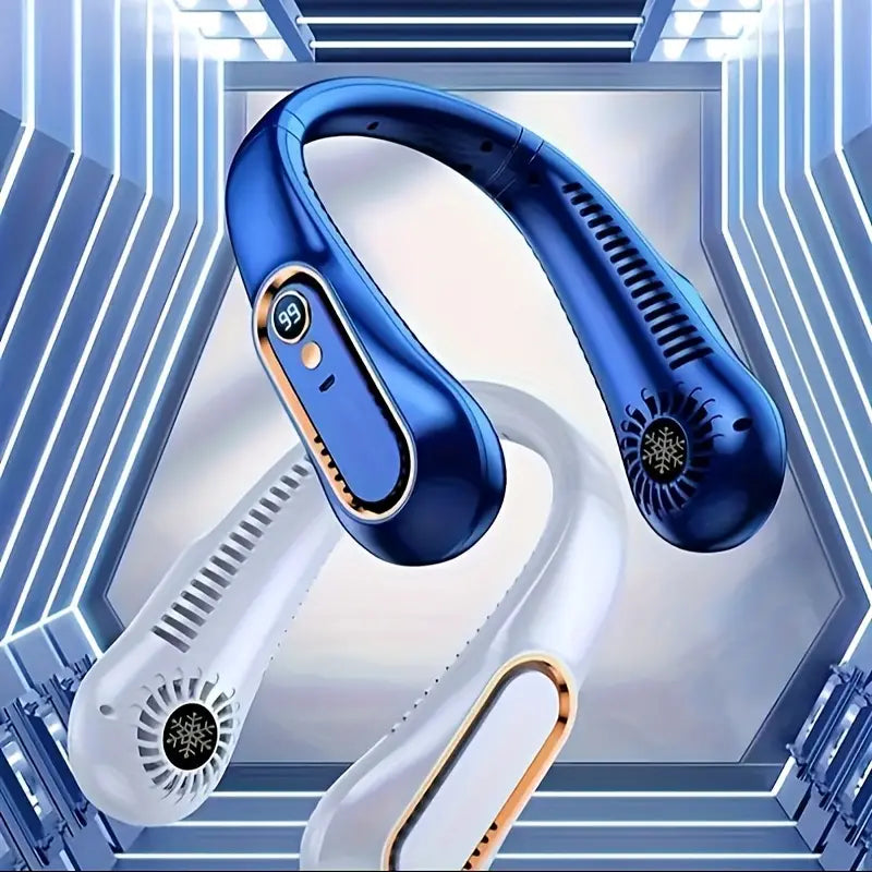 Compacte blauwe 360° USB nekventilator voor persoonlijke verkoeling onderweg of tijdens buitenactiviteiten.
