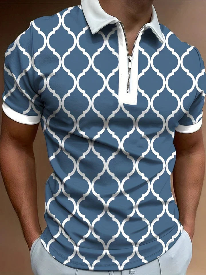 Stijlvolle geruite herenpolo met korte mouwen en ritssluiting, in blauw/abrikoos. Casual regular fit voor mannen.