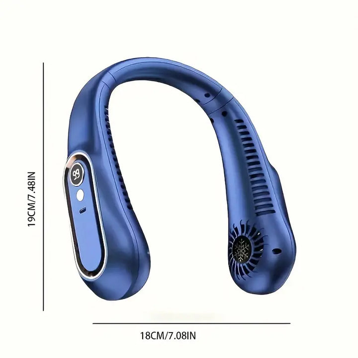 Stijlvolle witte nekventilator met USB-voeding, perfect voor handsfree verkoeling tijdens wandelen, sport of kantoor.