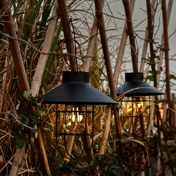Sfeervolle solar tuinlampen, set van 2 retro hanglantaarns, perfect voor balkon, terras of overkapping.