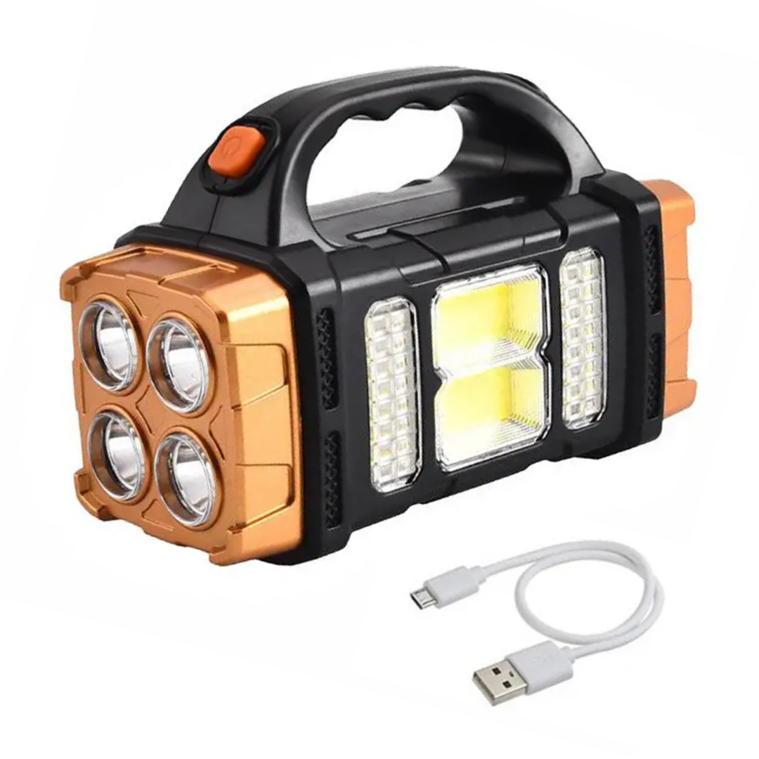 Oplaadbare zaklamp met zonne-energie en powerbank functie; perfect voor kamperen, outdoor avonturen en noodgevallen.
