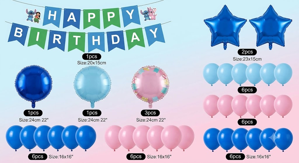 Opvallende Lilo & Stitch ballonnen en feestdecoraties, perfect voor een vrolijk kinderverjaardagsfeest.