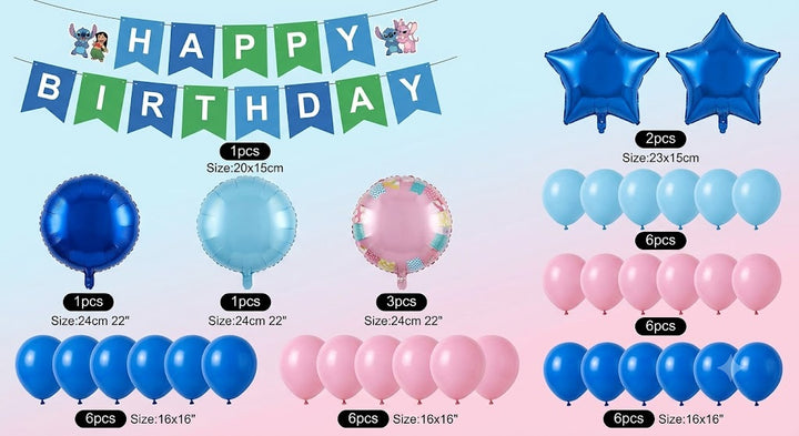 Opvallende Lilo & Stitch ballonnen en feestdecoraties, perfect voor een vrolijk kinderverjaardagsfeest.