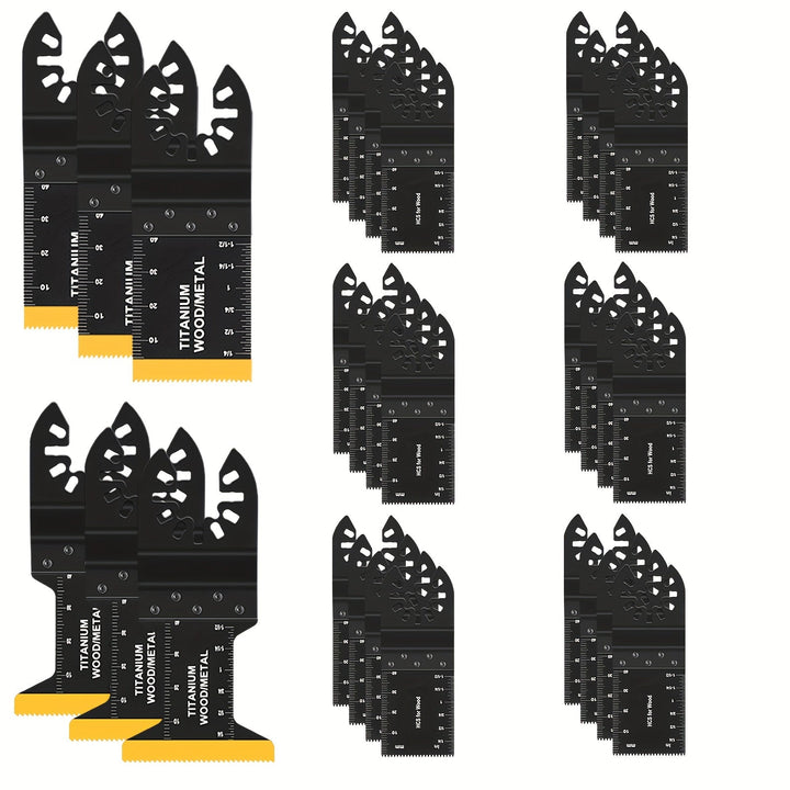 Close-up van een scherp multitool zaagblad met glimmende titanium coating. Essentieel gereedschap.