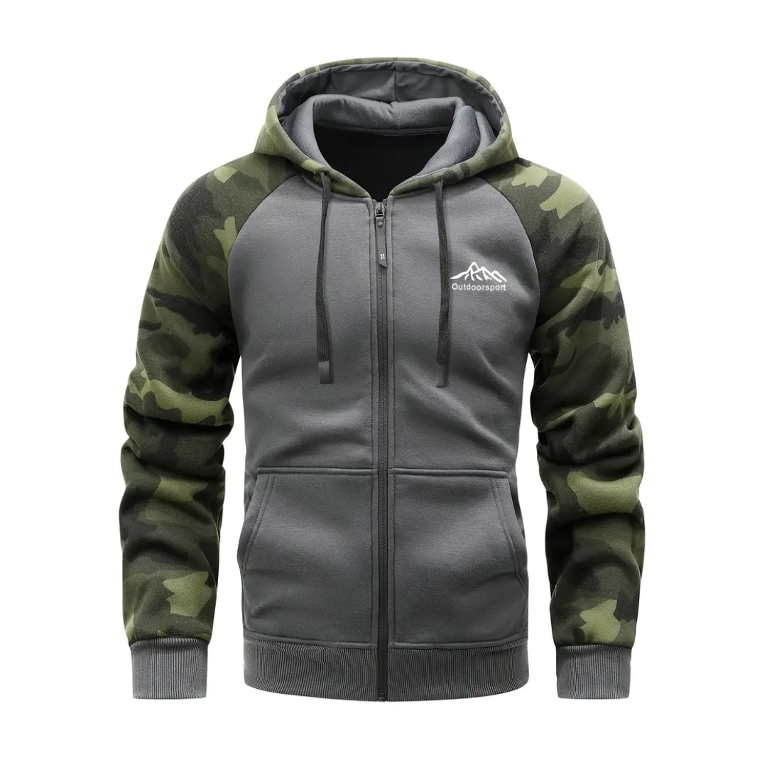 Warme heren winterkleding: Ethan camo fleecejack, comfortabel en sportief voor outdoor activiteiten.