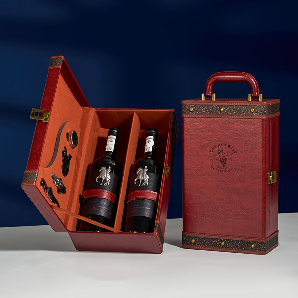 Stijlvolle 2-fles wijndrager van luxe PU leer, met veilige compartimenten voor accessoires.