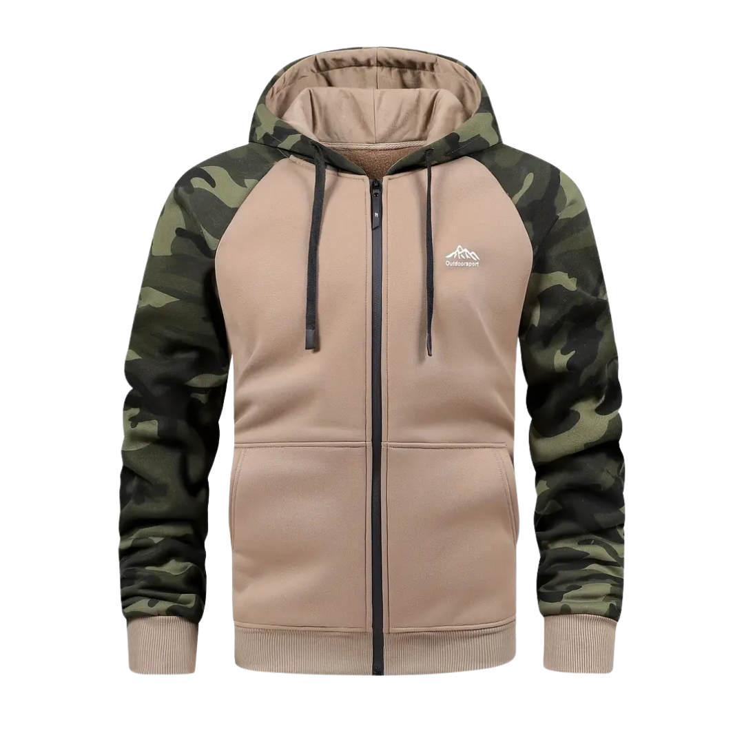 Duurzaam heren camo jack Ethan, warm fleece voor outdoor sport, wandelen en casual draagcomfort.
